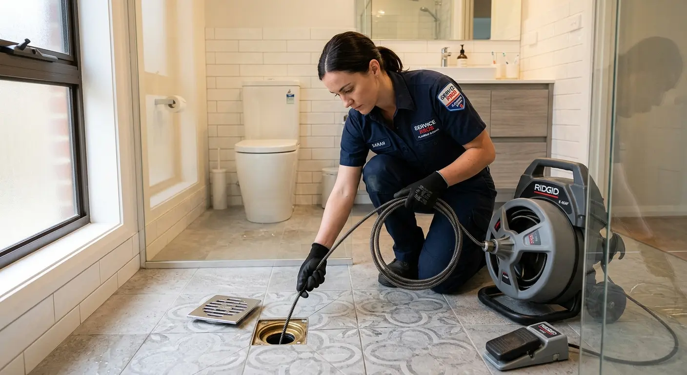 Technician clearing a bathroom floor drain for Sewer Line Installation in Wahiawa